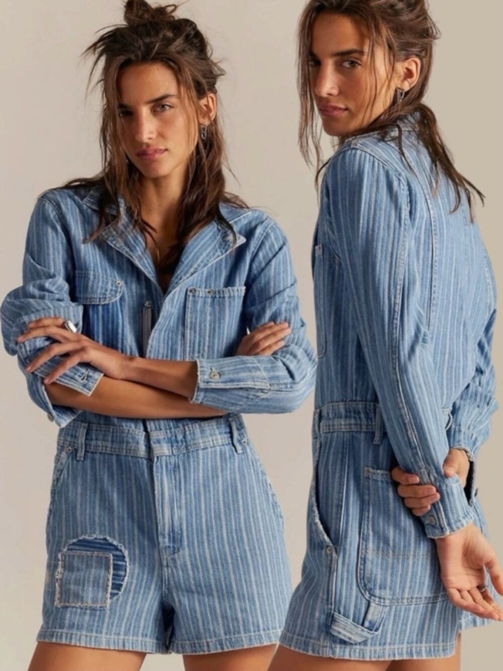 Free People Downtown Denim Railroad Patchwork Coveralls Romper Size XL Bohemian